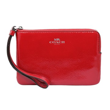 COACH 經典LOGO素面皮革系列拉鍊手拿包 漆皮x紅色 CW855 SVRD