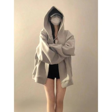 美式復古高街加絨加厚連帽衛衣女秋冬oversize外套chic慵懶開衫