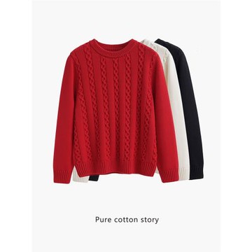 粗線厚款 100%棉 圓領麻花毛衣女士打底衫套頭針織衫寬松 無靜電