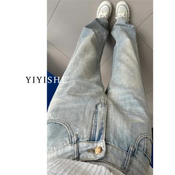 黃泥色直筒牛仔褲女2024秋季新款復古高腰小個子顯瘦垂感闊腿褲子