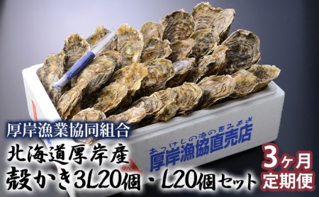 定期便 3ヶ月 北海道 厚岸産 牡蠣 3L 20個 と L 20個 ひと月あたり40個お届け (各回40個×3ヶ月分,合計120個) 殻付き 生食 かき カキ