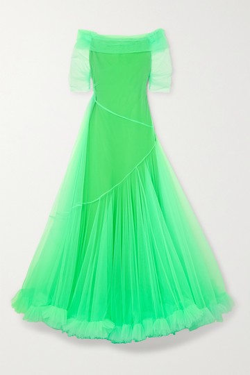 Molly Goddard - Dexa Off-the-shoulder Ruffled Neon Tulle Gown - Green - UK 6