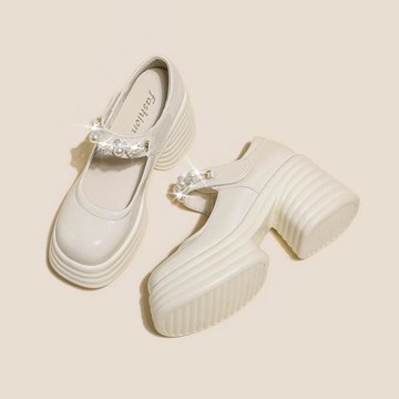 Chengqi 高跟瑪麗珍婚鞋女2024年新款厚底小皮鞋婚紗神器松糕鞋