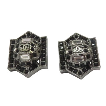 CHANEL 香奈兒 黑銀金屬 方水晶 耳環 【二手名牌BRAND OFF】