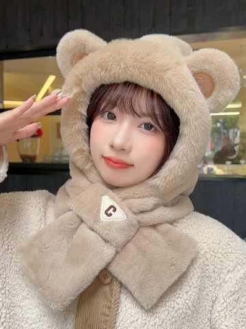 可愛小熊帽子圍巾一體女款圍脖秋冬季保暖護耳騎車毛絨雷鋒帽【淘夢屋】