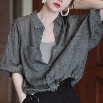 胖胖美依 襯衫 上衣 T恤S-XL灰色翻領防曬夏季薄款簡約時尚通勤休閒寬鬆別緻襯衫MC022-A.8126