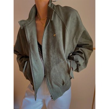 三所vintage 復古G9哈林頓麂皮絨外套薄插肩袖立領短款夾克綠女冬