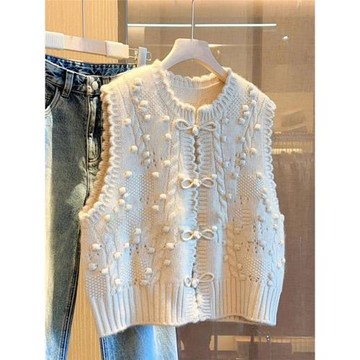 2025早秋新款韓系慵懶老錢小香新中式國風暖色針織盤扣馬甲毛衣女