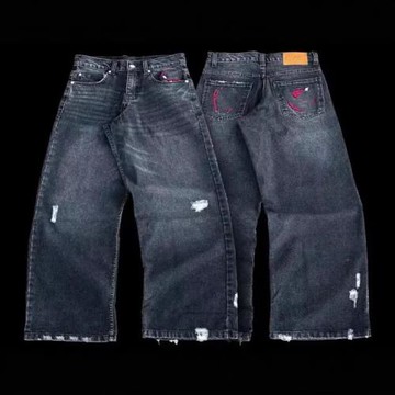 2025街頭風格新潮嘻哈卡通蜘蛛刺繡寬松滑板寬松復古褲牛仔褲