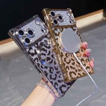 閃粉 直角 豹紋 自帶鏡頭膜 磁吸 手機殼 適用於iPhone 17 16 15 14 13 Pro Max時尚 保護殼