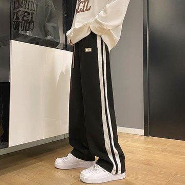 華夫格褲子男春秋潮流新款男士直筒休閑長褲條紋運動褲寬松闊腿褲