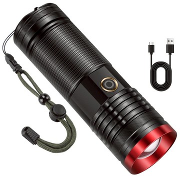 台灣出貨-加大加粗加續航3節18650電池金屬超強光鐳射手電筒Type-C充電智慧電顯帶輸出伸縮調焦LED手電筒