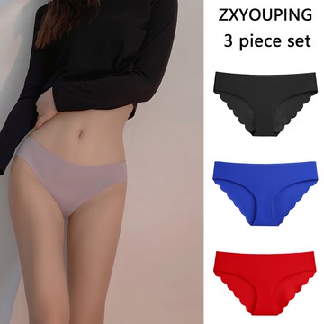 無縫冰絲內褲 3 件裝薄款性感波邊柔軟內衣低腰加大碼內褲 S-XXL ZXYOUPING