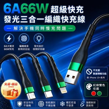 【免運+贈品】6A超級快充66W發光三合一編織快充線