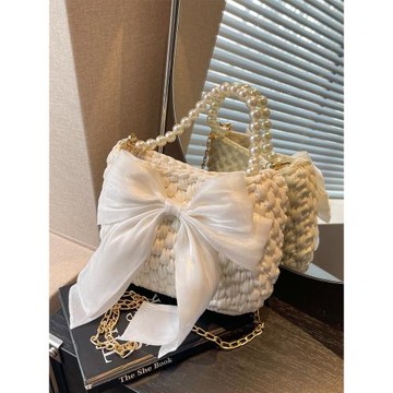 手工編織包包布條線diy材料包蝴蝶結珍珠手提單肩斜挎女成品禮物