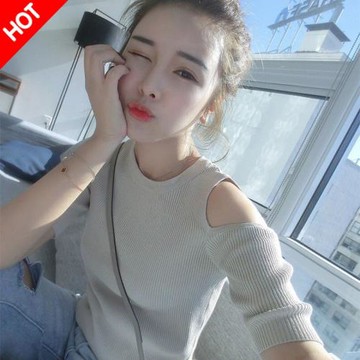 2025早秋季針織短袖ins露肩中袖半袖百搭t恤女內搭上衣洋氣打底衫