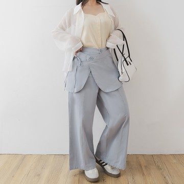 多層次真兩件斜紋寬褲(附裙片) 中大尺碼褲子