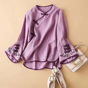 春秋衣服女2025新款中國風國潮女斜襟盤扣上衣文藝刺繡寬松女襯衫