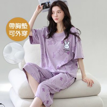 [韓國K.W.]韓國甜美俏麗有胸墊居家睡衣(睡衣/睡裙/家居服/涼感睡衣/連身睡衣)