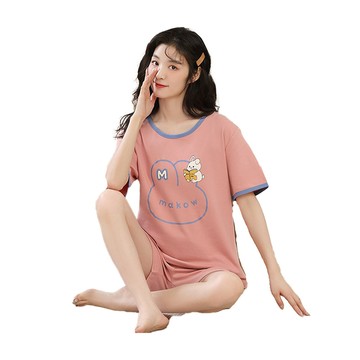K.W. 韓國空運個性派女涼爽棉短袖睡衣套裝(套裝/棉麻/家居套裝/小香風/涼感)