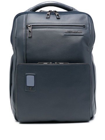 PIQUADRO - logo-plaque laptop backpack - men - Polyester/Calf Leather - One Size - Blue