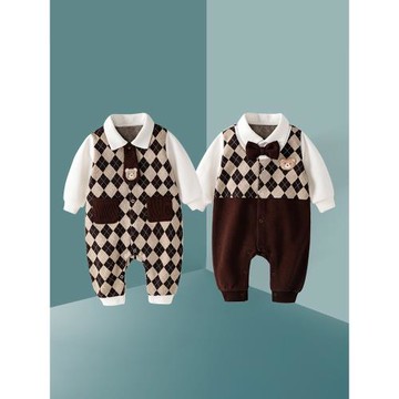 雙胞胎男寶寶衣服秋裝連體衣滿月哈衣百天周歲帥氣禮服紳士風爬服
