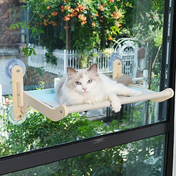 【嵐楓居家】加大木製 可折疊大吸盤貓吊床-灰藍_廠商直送