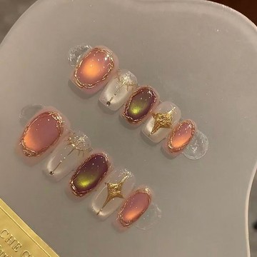 ✨台灣出貨✨溫柔風冰透裸紫貓眼穿戴甲鎏金網紅爆款純手工高級感精致假指甲片