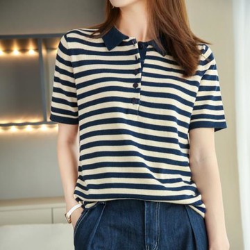 純棉短袖翻領t恤女夏季新款高端polo衫條紋針織打底衫洋氣上衣ins