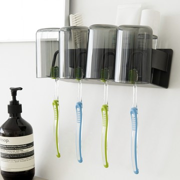 Living Gonggam 免鑽孔牙刷架 刮鬍刀牙膏架 + 漱口杯套組 4格  1個  灰色