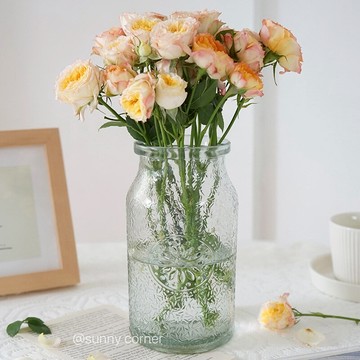 ins風法式復古浮雕玻璃透明花瓶 北歐風格客廳裝飾插花瓶花器擺件