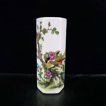 景德鎮陶瓷器富貴牡丹圖花瓶擺件插花六方瓷瓶 粉彩花鳥帽筒 箭筒