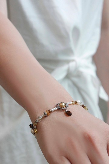 桂冠女神 | 創造傳說// 天鐵黃棕碧璽珍珠純銀手鍊//安全鍊設計