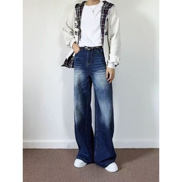 時尚潮牌美式闊腿休閒百搭長褲男藍色水洗cleanfit牛仔褲男