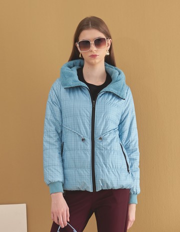 ★【喜芝梅】棋盤格毛呢內襯雙面穿連帽羽絨棉外套(兩色；M-2L) 223160146