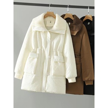 胖mm冬裝新款加厚女裝中長款大碼翻領大口袋棉服女護頸毛領棉襖