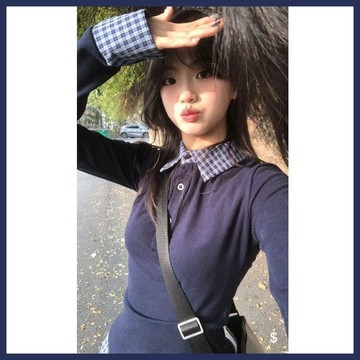 WYZ假兩件格子polo領長袖t恤女2026年春季新款設計感上衣修身內搭