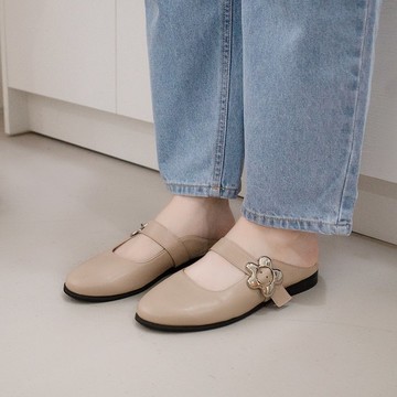 一套就走! 雲朵花圈圈瑪莉珍穆勒鞋 裸膚 全真皮 MIT -小麥花