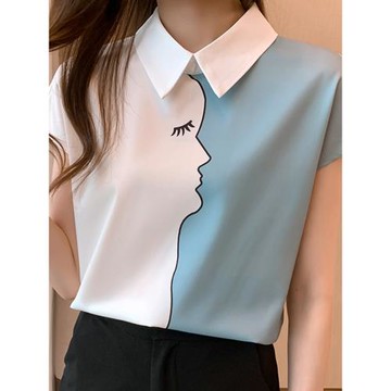 無袖雪紡衫夏裝新款法式撞色娃娃領別致t恤小衫寬松顯瘦短袖上衣