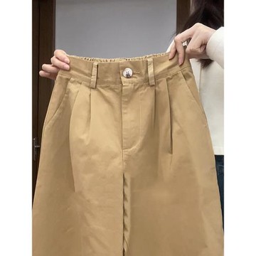 日系慵懶卡其色休閑直筒褲薄款復古冰絲闊腿褲子女2025新款夏季
