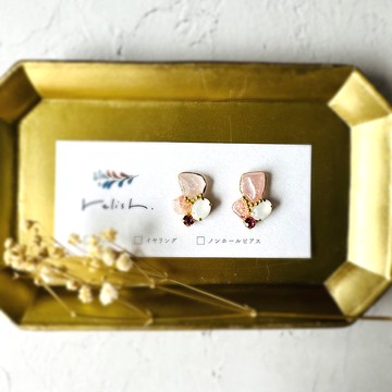 【再販】華麗 金繼線條 天然石 耳環 無耳洞耳環 迪普玫瑰石英 裂紋水晶 玻璃 水鑽 婚禮 結婚