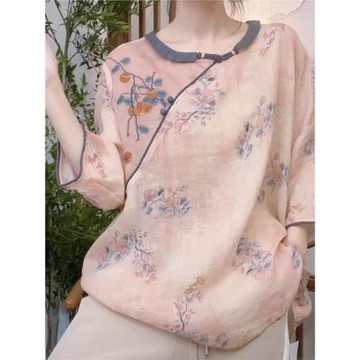 國風復古小衫苧麻重工刺繡上衣2025夏季新款中式茶服斜襟盤扣襯衫