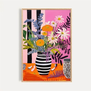 桃紅條紋 Pink and Black Striped Vase with Blossoms
