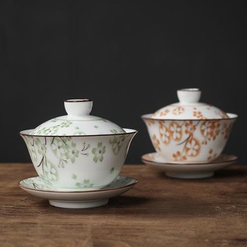 中號青花瓷器蓋碗釉下青花瓷三才蓋碗功夫茶具復古手抓茶備泡茶碗