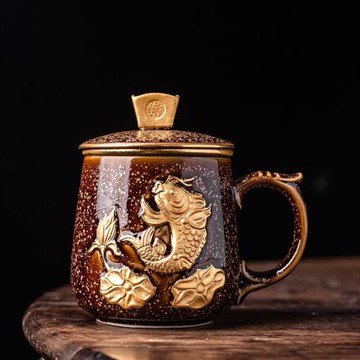 陳為椿天目浮雕鎏金馬克杯陶瓷茶水分離杯沖茶器送禮沏茶陶瓷套裝