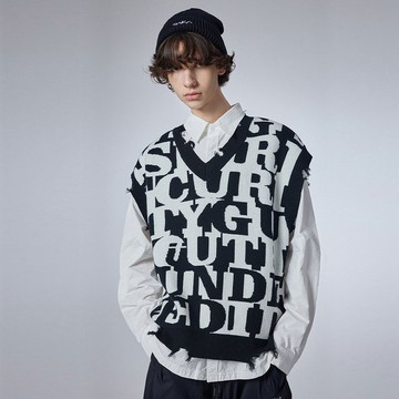 黑色磨破V領毛衣背心  男士滿印提花針織衫無袖馬甲