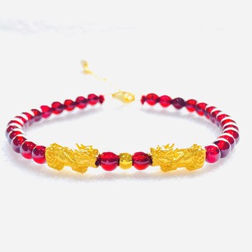 9999純金 黃金招財雙貔貅 4mm 金珠石榴石手鍊 約0.06錢 黃金手鍊 黃金手環 帶來好磁場 送禮好用 金喜飛來