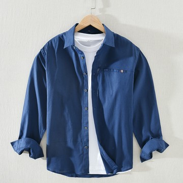 簡約一字口袋 時尚黑扣休閒長袖襯衫 / 純棉彈力萊卡 / 抗皺免燙/ 商務襯衫 / 4色 / M-4XL / 大尺碼【QTJBY1808】