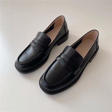 大瓶 小眾設計！復古棕色圓頭中粗跟真皮百搭樂福鞋女小皮鞋單鞋