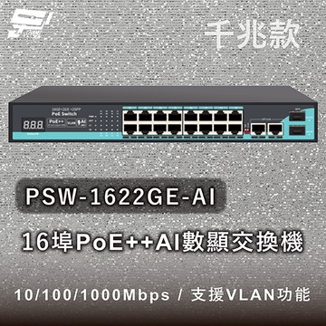 昌運監視器 PSW-1622GE-AI 16埠千兆款PoE++ AI數顯交換機 10/100/1000Mbps